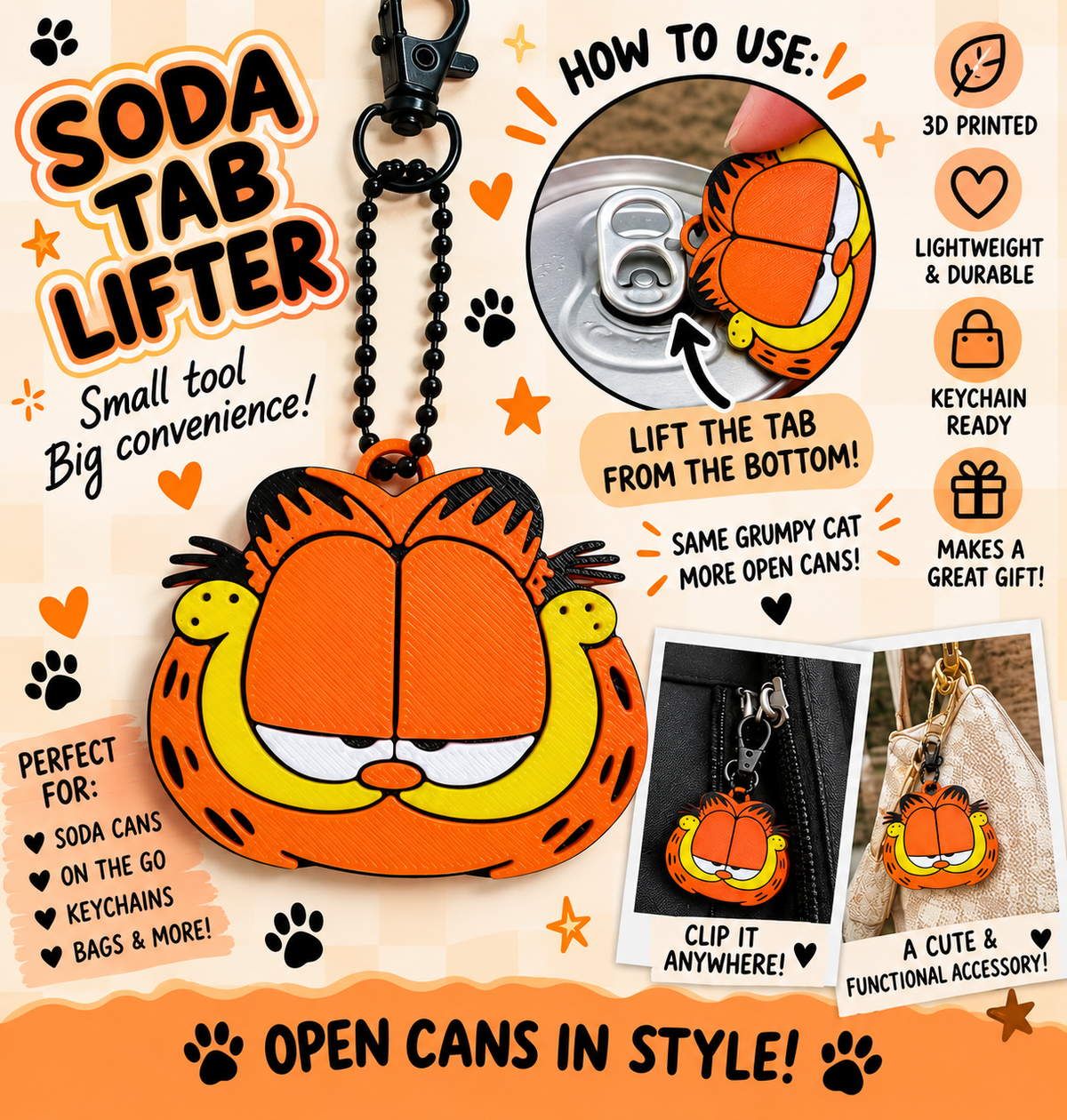 3D Printed Orange Cat Soda Tab Lifter