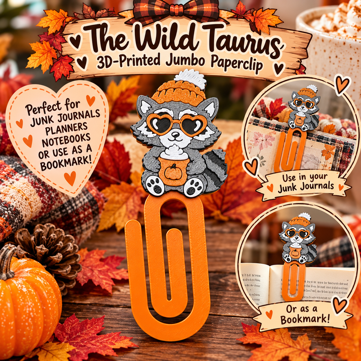 3D Printed Jumbo Fall Raccoon Paper Clip